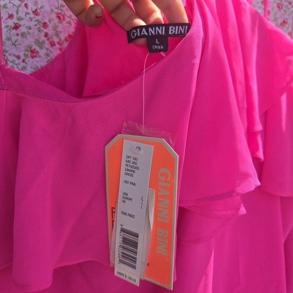 NWT Gianni Bini Hot Pink Ruffle Halter Neck Off Shoulder Tunic Mini Dress Size L - Picture 3 of 6